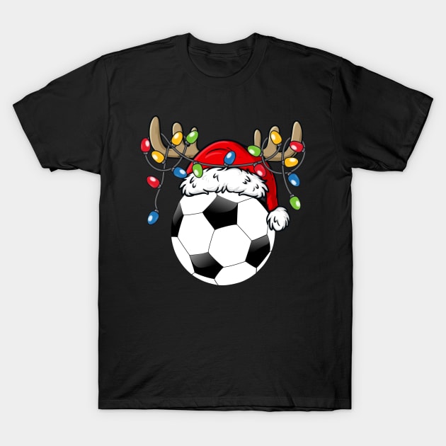 Soccer Ball With Santa Hat Reindeer Antlers Christmas Lights T-Shirt by Kimko